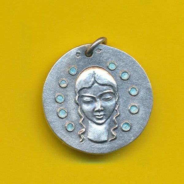 60's Large vintage sterling siver enamel charm religious medal pendant Portrait of Mary by Elie Pellegrin ( ref 5074)