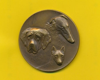 Zeldzame Art Deco bronzen bedelmedaille die de honden voorstelt - internationale hondenshow Rochefort 1952 (ref 4751)