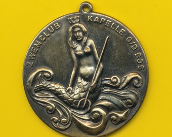 Antique  large Art bronzed metal charm medal Mermaid (ref 4011)