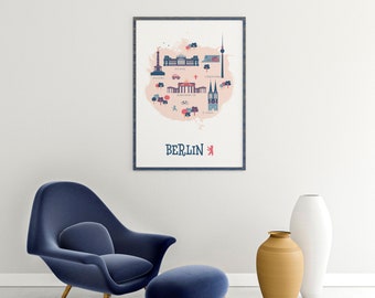 Art Print geïllustreerde stadsplattegrond Berlijn, Duitsland Digitale download