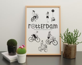 Geïllustreerde Art Print Stads Rotterdam Fiets, Nederland Digitale download