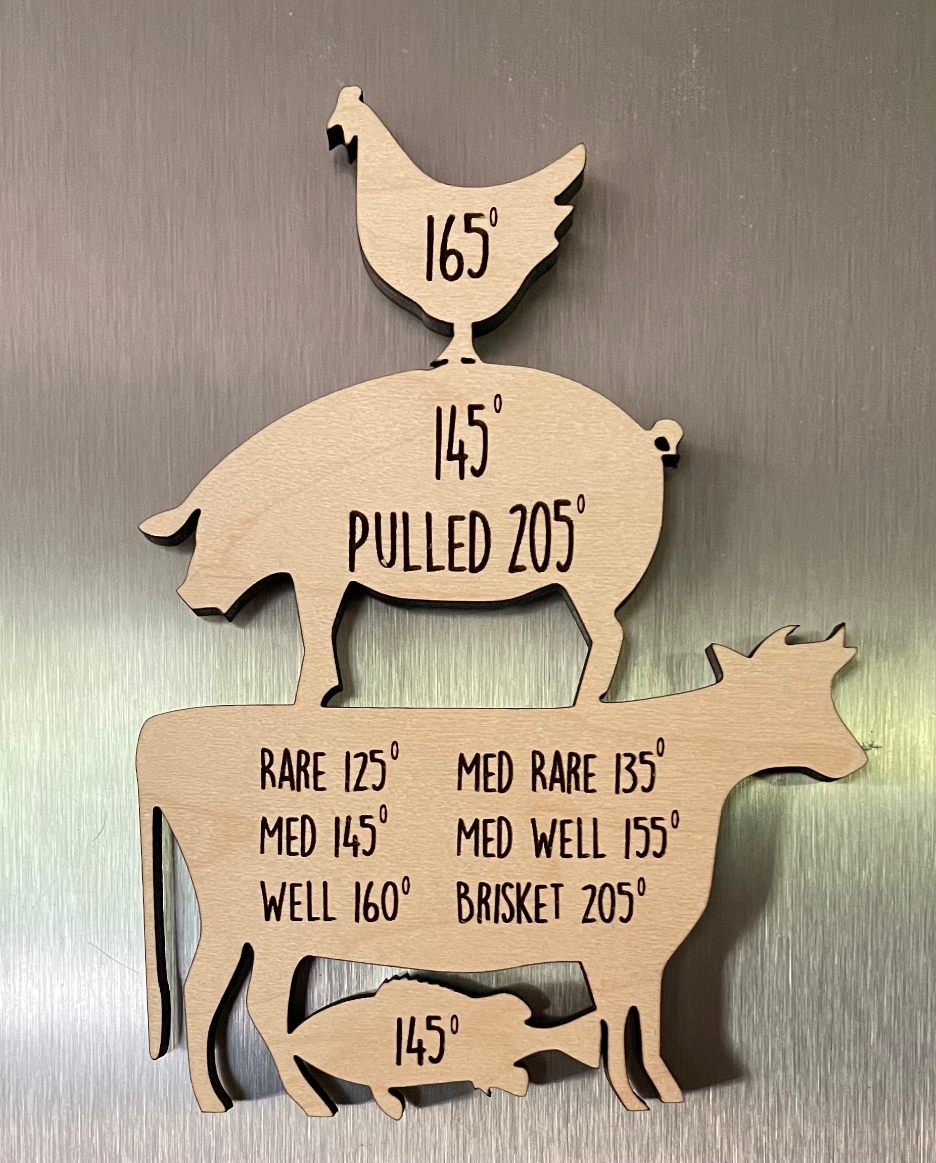 Wooden Meat Cooking Temp Magnets Laser Engraved Cow Pig Chicken and Fish  shaped, Grilling Gifts,Meat Temp Magnet,Meat Temp Sign,Grill Magnet