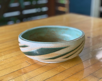Handmade ceramic // small serving bowl with foot // glossy green +  mottled green glaze
