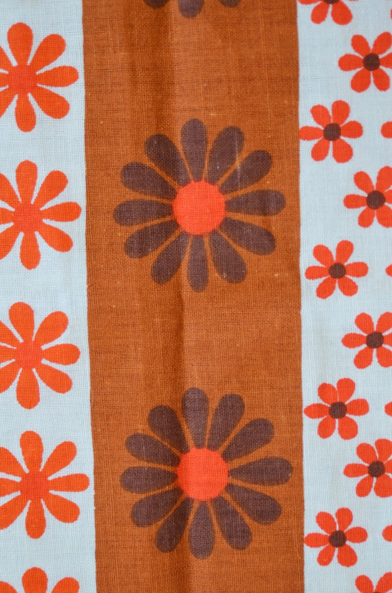 Vintage 70s curtains Orange floral brown pair of 2 Retro Flower print pattern Fabric Scandinavian Swedish L 44 x W 38.2 inches home decor
