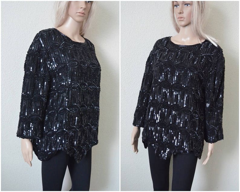 Black Sequined Top Sequin Blouse Vtg Womens Silk Long sleeved | Etsy