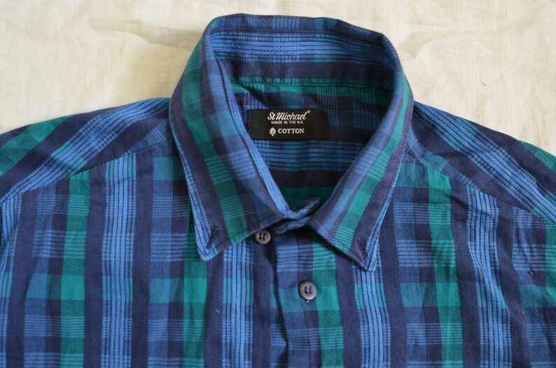 Mens check shirt blue green tartan plaid cotton checked hipster short sleeve button down up Vintage 90s Summer Size small 37 inch chest