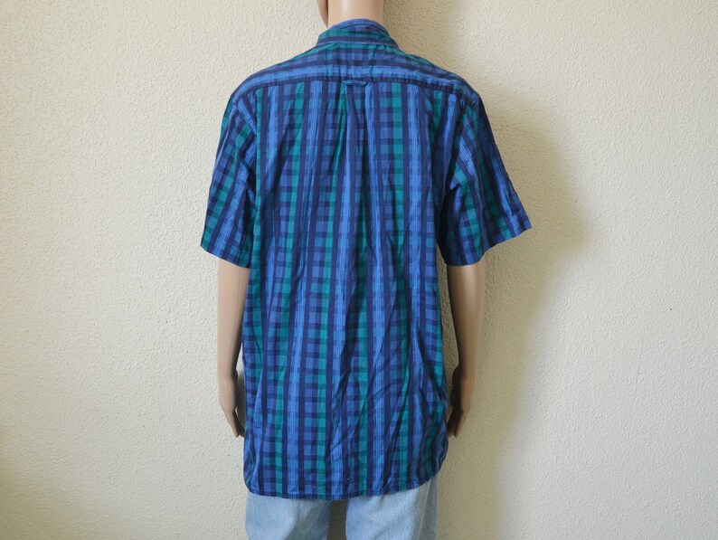 Mens check shirt blue green tartan plaid cotton checked hipster short sleeve button down up Vintage 90s Summer Size small 37 inch chest
