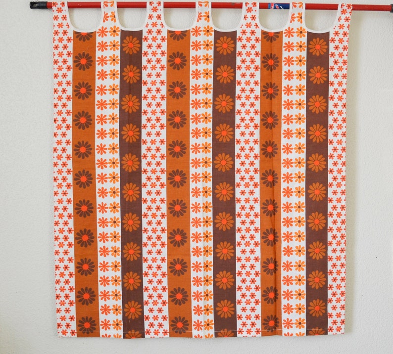Vintage 70s curtains Orange floral brown pair of 2 Retro Flower print pattern Fabric Scandinavian Swedish L 44 x W 38.2 inches home decor