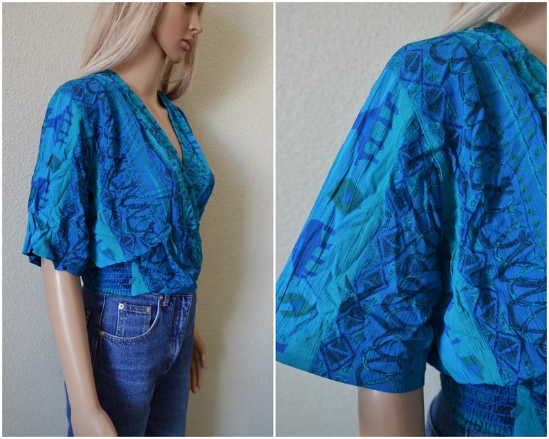 Blue patterned blouse abstract print crossover V neck wrap look Tribal scarf pattern geometric womens UK 10 US 6 S Small