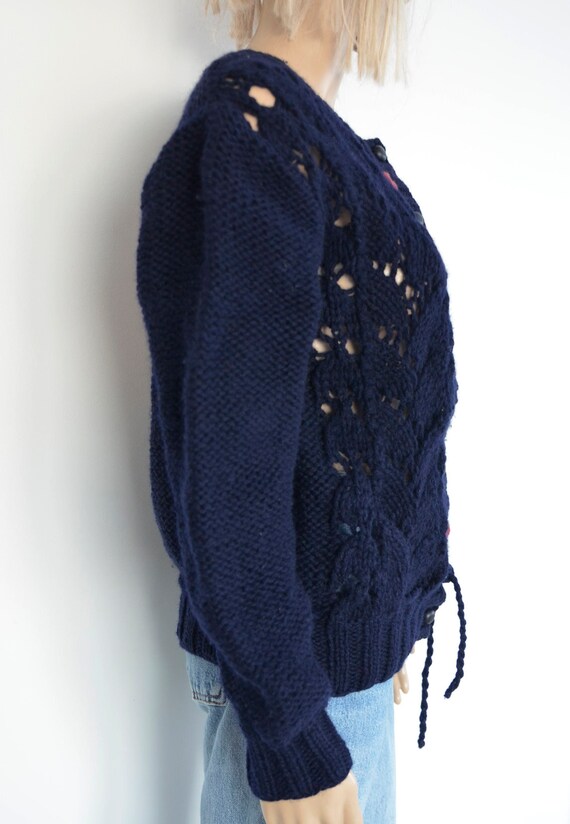 Embroidered Cardigan wool navy floral knit folk cardi… - Gem