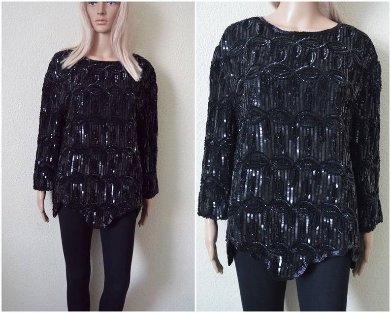 long sleeve black sequin blouse