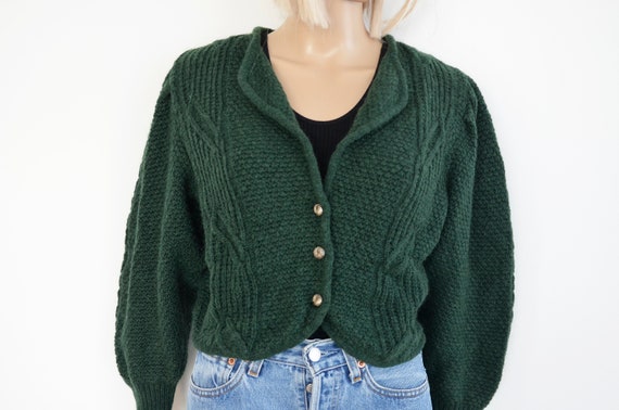 Green wool Cardigan womens puff sleeve cardigan mo