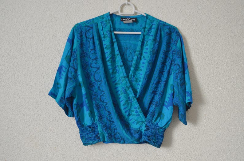 Blue patterned blouse abstract print crossover V neck wrap look Tribal scarf pattern geometric womens UK 10 US 6 S Small