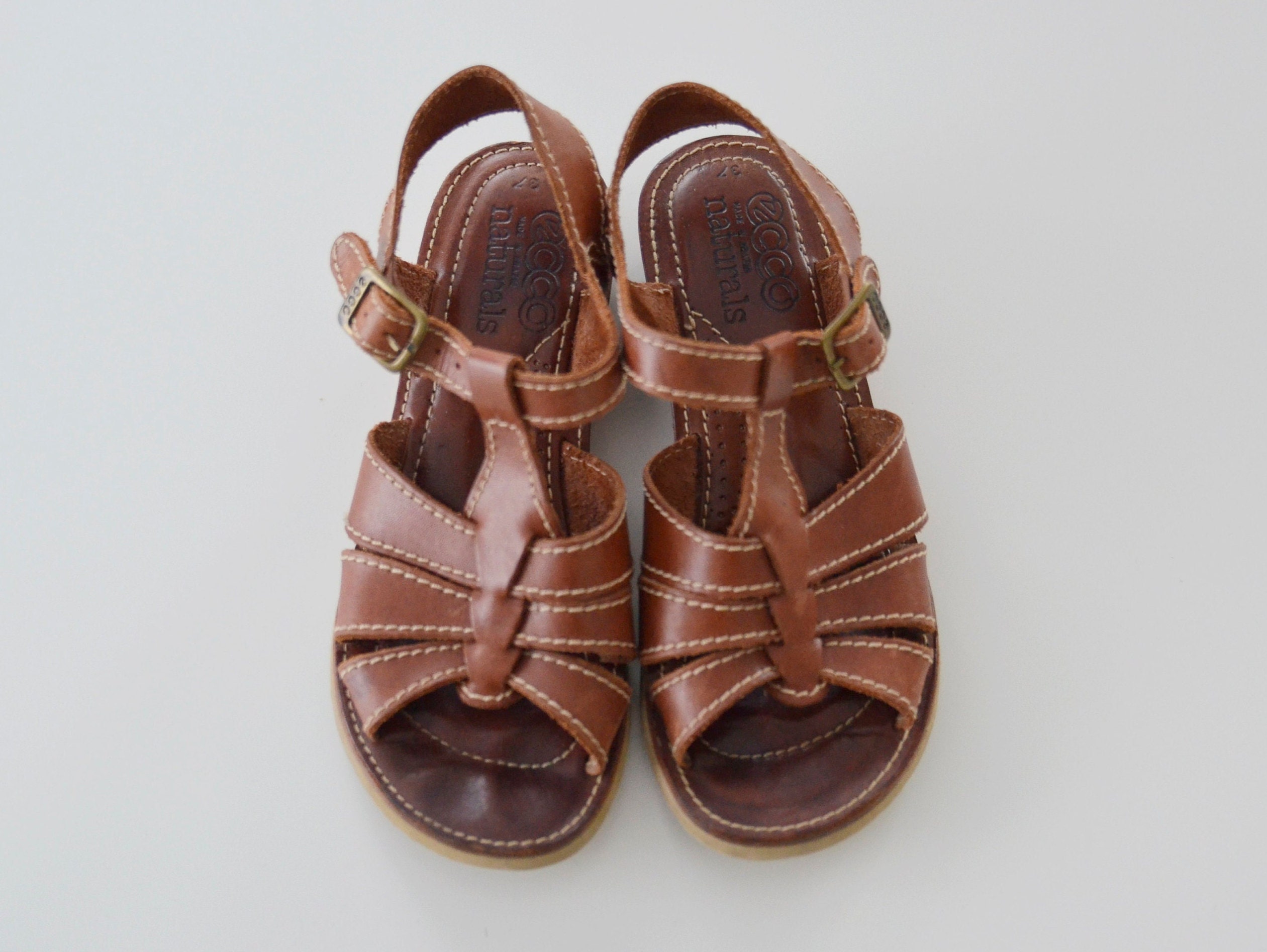 Brown Leather Sandals Womens Wedge Heel T Bar Sandals Open Toe -