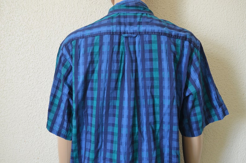 Mens check shirt blue green tartan plaid cotton checked hipster short sleeve button down up Vintage 90s Summer Size small 37 inch chest