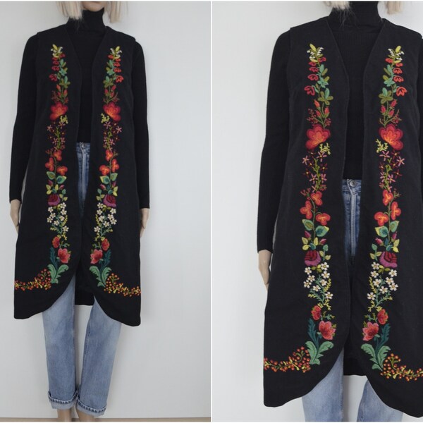 Embroidered wool vest long floral vest vintage folk waistcoat Size Small