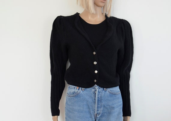 Black wool Cardigan womens puff sleeve cardigan pu