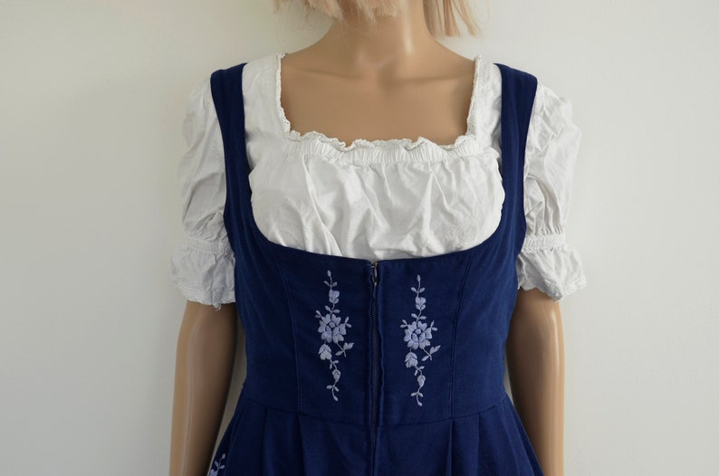 Heller Salzburger dress trachten dirndl blue embroidered vintage 70s Folk short above knee costume Oktoberfest Size UK 12