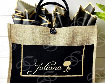 Personalized Burlap Tote Bag with Jewelry Box, Bridal Party Gift