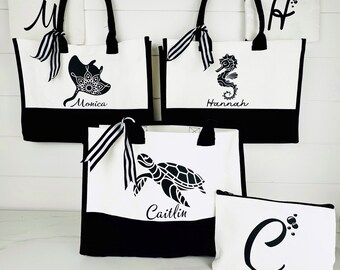 Personalized Canvas Beach Tote Bag: Sea Animal Design, Bridal Party Gift