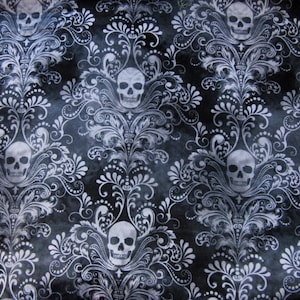 damasco teschi tesori senza tempo 'Wicked' cotone per trapuntatura 1,5yds venditore nel Regno Unito