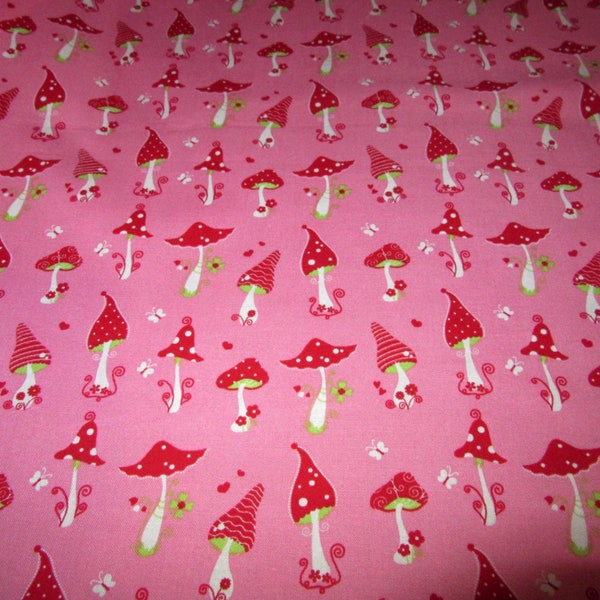 cute toadstools on bright pink  large cotton poplin remnants UK seller