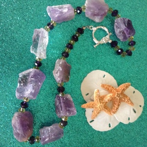 Large Chunky Raw Purple Amethyst Gemstone Nuggets and Crystal Beaded Necklace ~ OOAK
