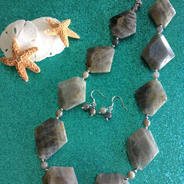 Labradorite Faceted Chunk Gemstone Necklace and Earrings Set ~ OOAK