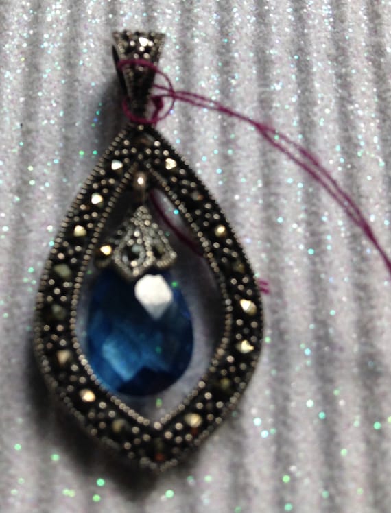 Marcasite Pendant with Blue Faceted Crystal