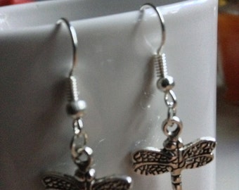 Art Nouveau Inspired Dragonfly Nickel Free & Lead Free Dangle Earrings in Antique Silver Mystical Dragon Fly, Gift Under 10