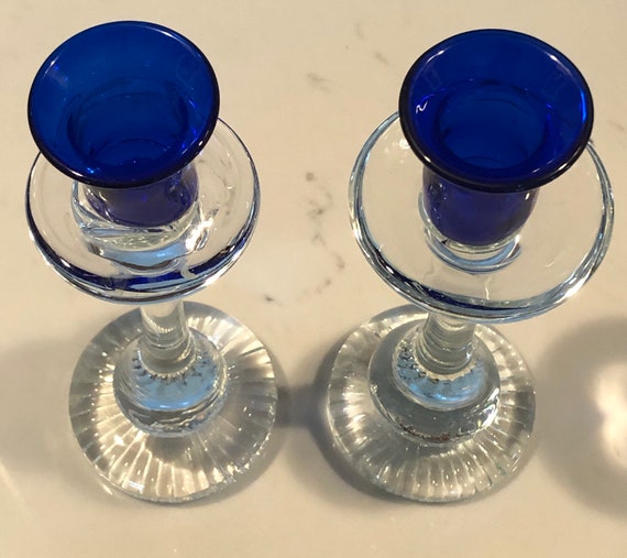 Pair of Cobalt and Clear Glass Candle Sticks Candleholders Cobalt Wedding