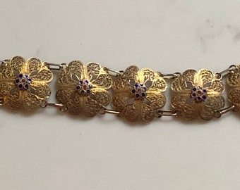 Vintage Estate Circa 1950 925 Gold over Sterling Silver Floral Filigree Bracelet 7"