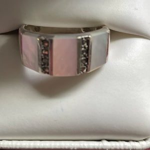 Vintage Estate Marcasites and Mother of Pearl Half Eternity Statement Wedding Band Ring, Sterling Silver, Size 8