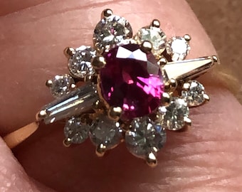 Art Deco Style (Circa 1970's) 14Kt Yellow Gold Natural Ruby and Diamond Ring (Size 6.5)