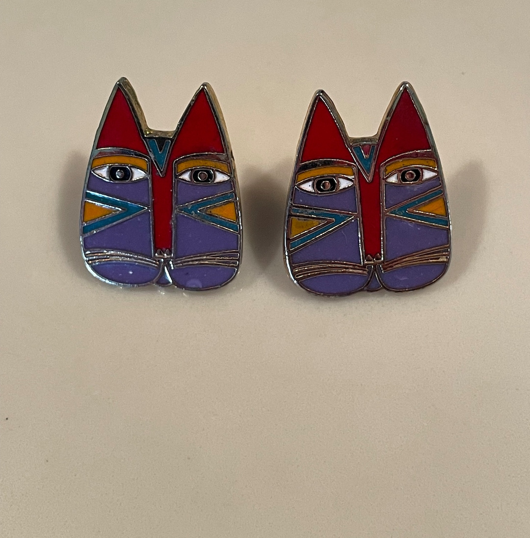Vintage Laurel Burch Earrings GATO CAT FACE Cloisonne Stud Post Vintage vintage-laurel-burch-earrings-gato-cat-face-cloisonne-stud-post-vintage