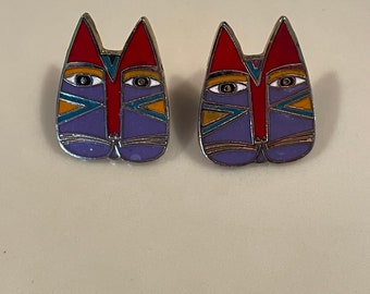 Vintage Laurel Burch Earrings GATO CAT FACE Cloisonne Stud Post Vintage Jewelry 1980s Orange Purple Gold