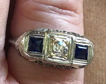 ANTIQUE Art Deco (Circa 1925) Old European Diamond and Sapphire Filigree Trilogy Ring in 14Kt White Gold (Size 5 3/4)