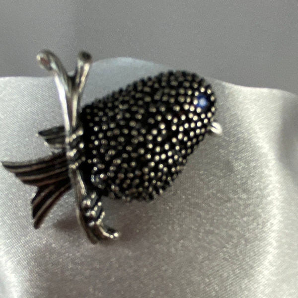 Vintage Bird pin brooch silver tone cut steel dots with blue glass eye by Anne Klein bird on a branch detailed finish signed