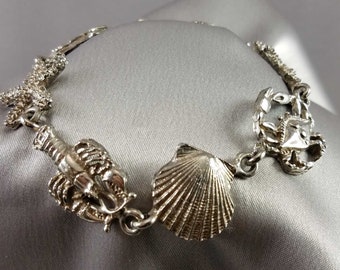 Bracelet, Sea theme, Silver, 925, Starfish, Lobster, Crab, Oyster, Heavy linked,  8 inch,