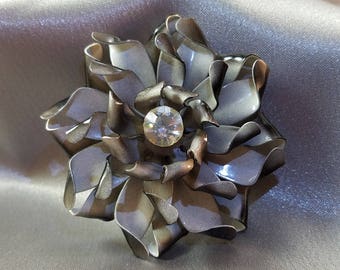 Pin//Coro//Black and White Enameled//Large Center Rhinestone//Chrysanthemum//Metal Petals//Marked//2.5” diameter//Classic//Understated