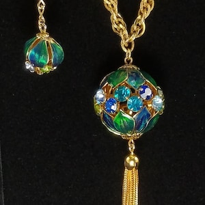 Necklace and Earring Set//Dark green enamel leaves//Pale blue rhinestones//Aqua stones//Dark blue stones//Gold tone tassel//Dangle earrings