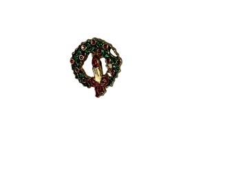 Vintage Enamel Christmas Wreath Pin with Red Bow and White Candle