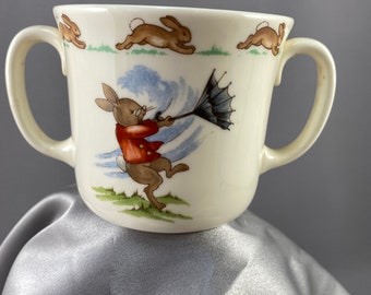 Child's Cup/Bunnykins/Vintage/Double Handle/Bone China/Royal Doulton England/Windy Day Pattern/Baby shower gift/Child Birthday/Gift for Mom
