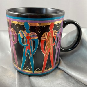 Laurel Burch 80s coffee mug Talismen signed and dated multicolor figures on black coffee mug vintage collectable ceramic coffee mug