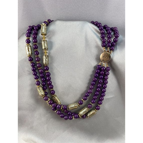 Purple Beaded Multi-strand Necklace Gold-toned Ornate Barrel Beads