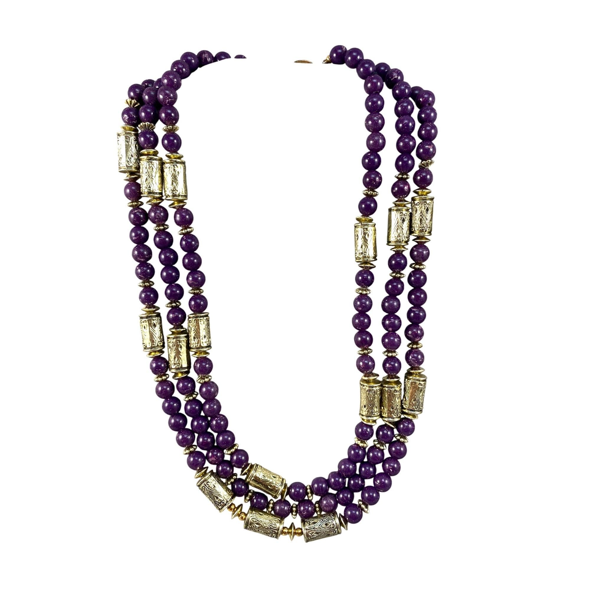工芸品 Purple neckless pipe Purple Beaded Multi-strand Necklace Gold-toned Ornate Barrel Beads