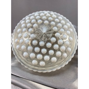 Round Hobnail Moonstone Puff Box Vintage Anchor Hocking 40s