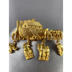Arche Noah Pin Brosche JJ 4 Dangles mehrere Tierpaare religiöse Vintage