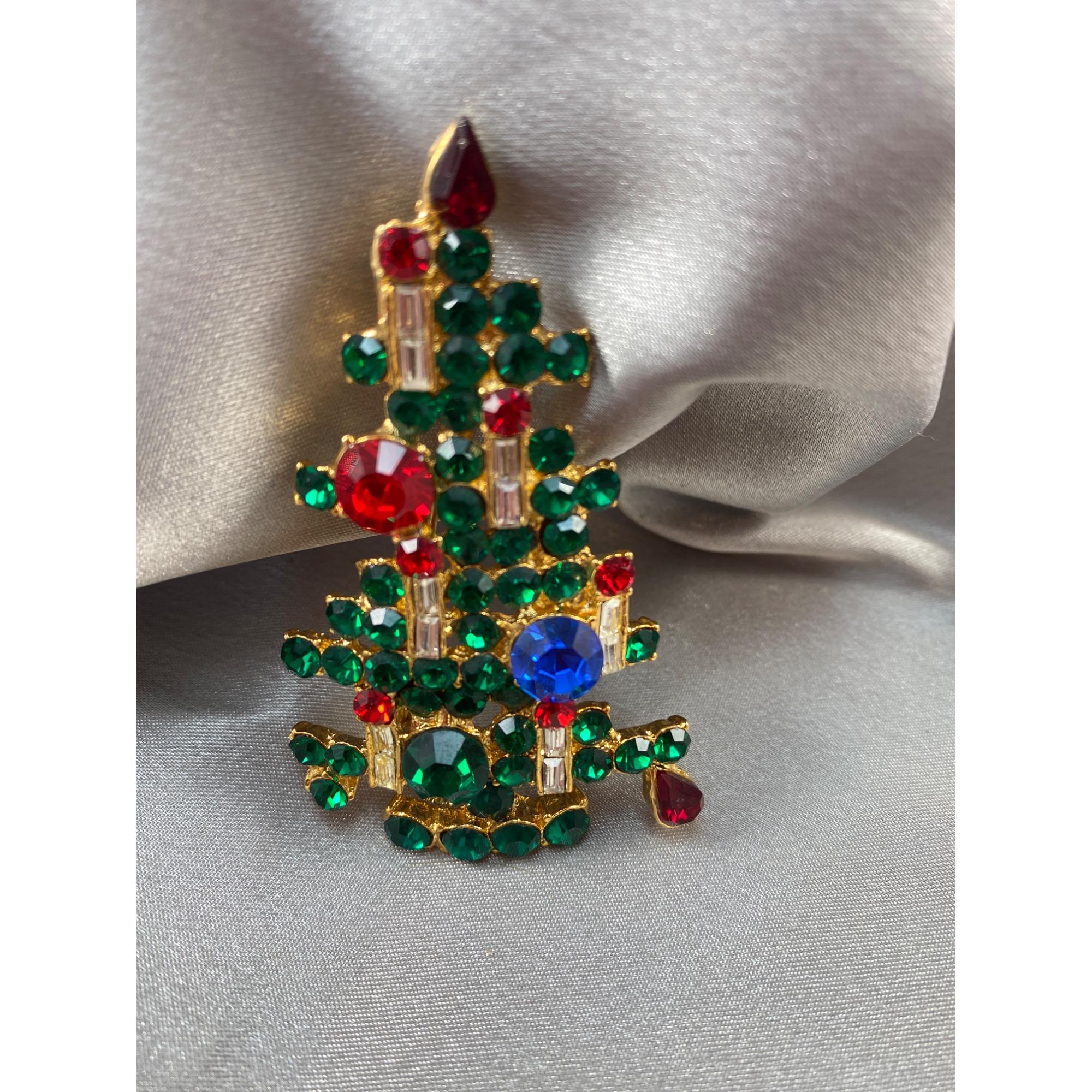 Vintage Weiss Rhinestone Christmas Tree Brooch Pin Gold Tone 6