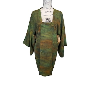 Kimono Jacket Tunic Haori Japanese Green Brown Iridescent Waves Silk Vintage